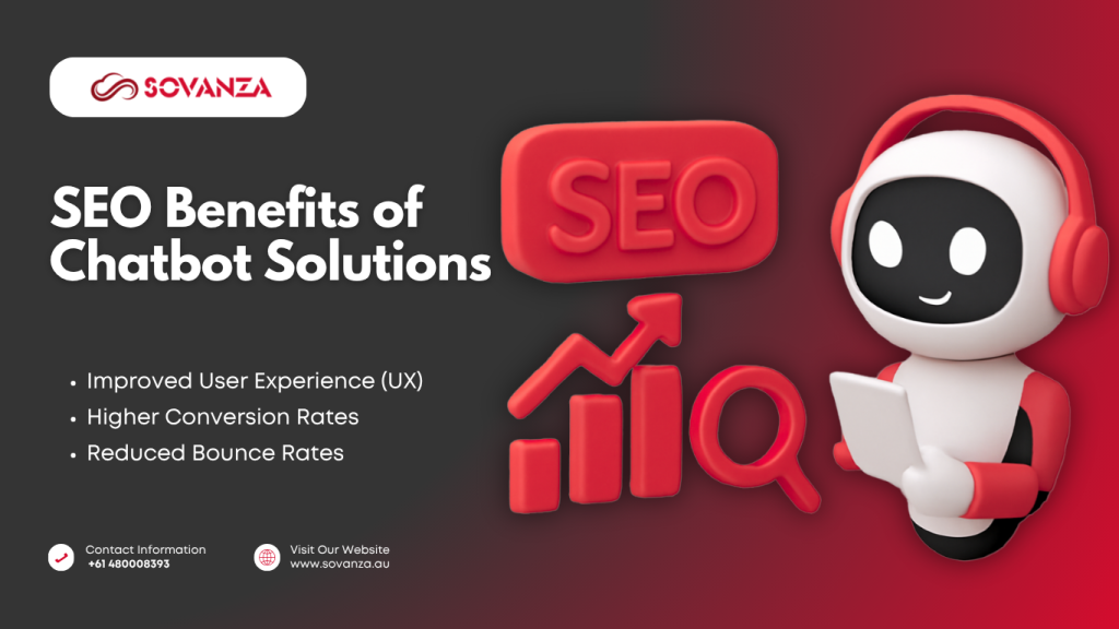 SEO benefits of chatbot solutions – Sovanza AI bot illustration with tablet, SEO icon, and growth chart